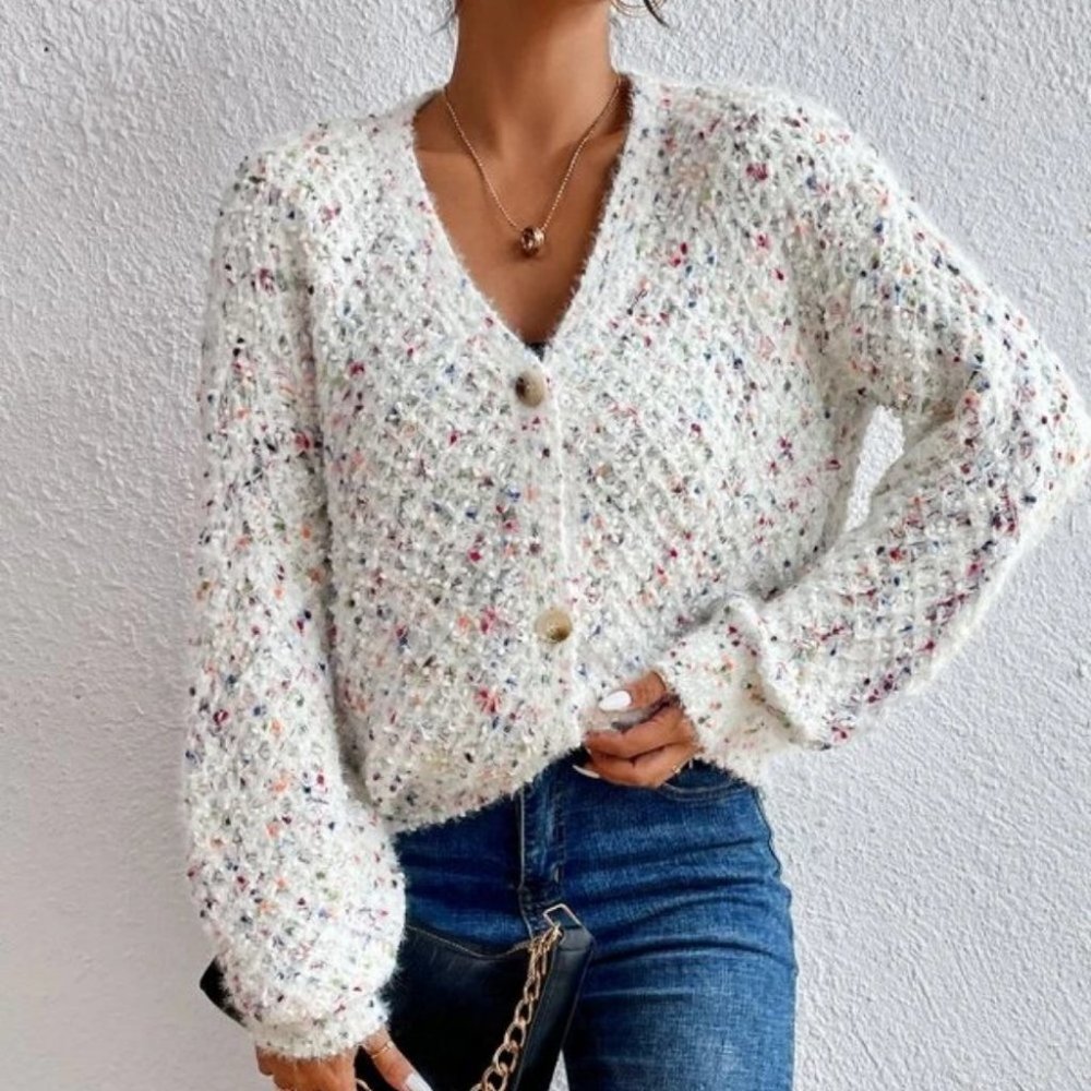 multi color soft Popcorn Drop Shoulder button down knit Sweater Cardigan - Picture 1 of 6